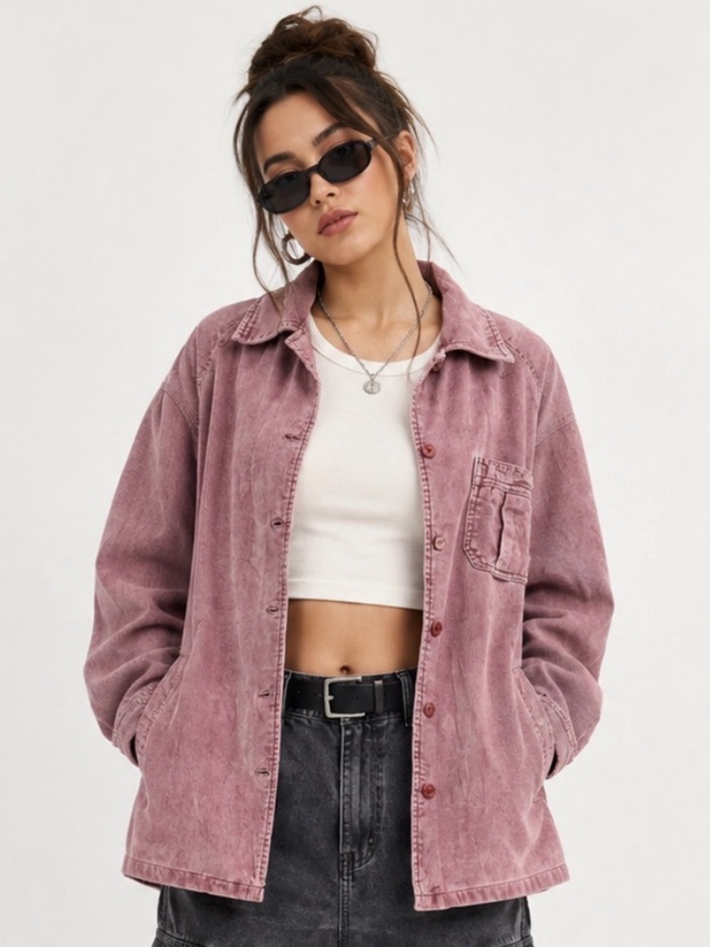 Vintage 90s Pink Corduroy Shacket Distressed Grunge XL Oversized